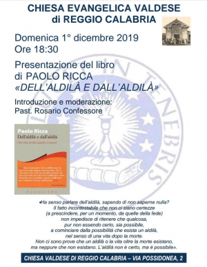 Chiesa valdese di Reggio Calabria, presentazione del libro di Paolo Ricca ''Dell&rsquo;aldil&agrave; e dall&rsquo;aldil&agrave;''