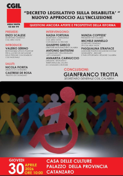 Disabilit&agrave;, nuovo approccio all'inclusione: gioved&igrave; 30 aprile alle 10 a Catanzaro il confronto promosso dalla Cgil Area Vasta