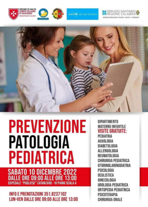 Quarta edizione del ''Progetto prevenzione'': domani visite gratuite negli ambulatori dell'area pediatrica dell'Azienda ospedaliera ''Pugliese-Ciaccio''