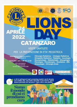 Domenica 24 aprile il ''Lions Day'' Catanzaro. La giornata nazionale si celebra con le visite gratuite per la prevenzione in et&agrave; pediatrica al ''Pugliese-Ciaccio'' organizzate dal Distretto Lions e Leo 108 YA