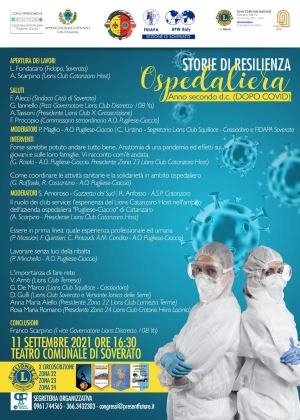 Sabato 11 settembre a Soverato iniziativa del Lions Club Catanzaro Host  su ''Storie di resilienza ospedaliera &ndash; Anno secondo d.c (dopo covid)''