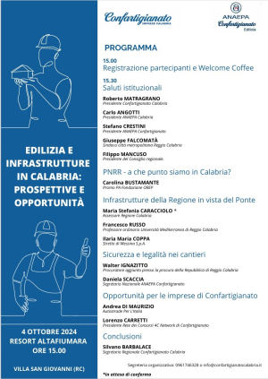 Convegno ''Edilizia e Infrastrutture in Calabria'': venerd&igrave; 4 ottobre a Villa San Giovanni si parla di opportunit&agrave; e prospettive per il settore